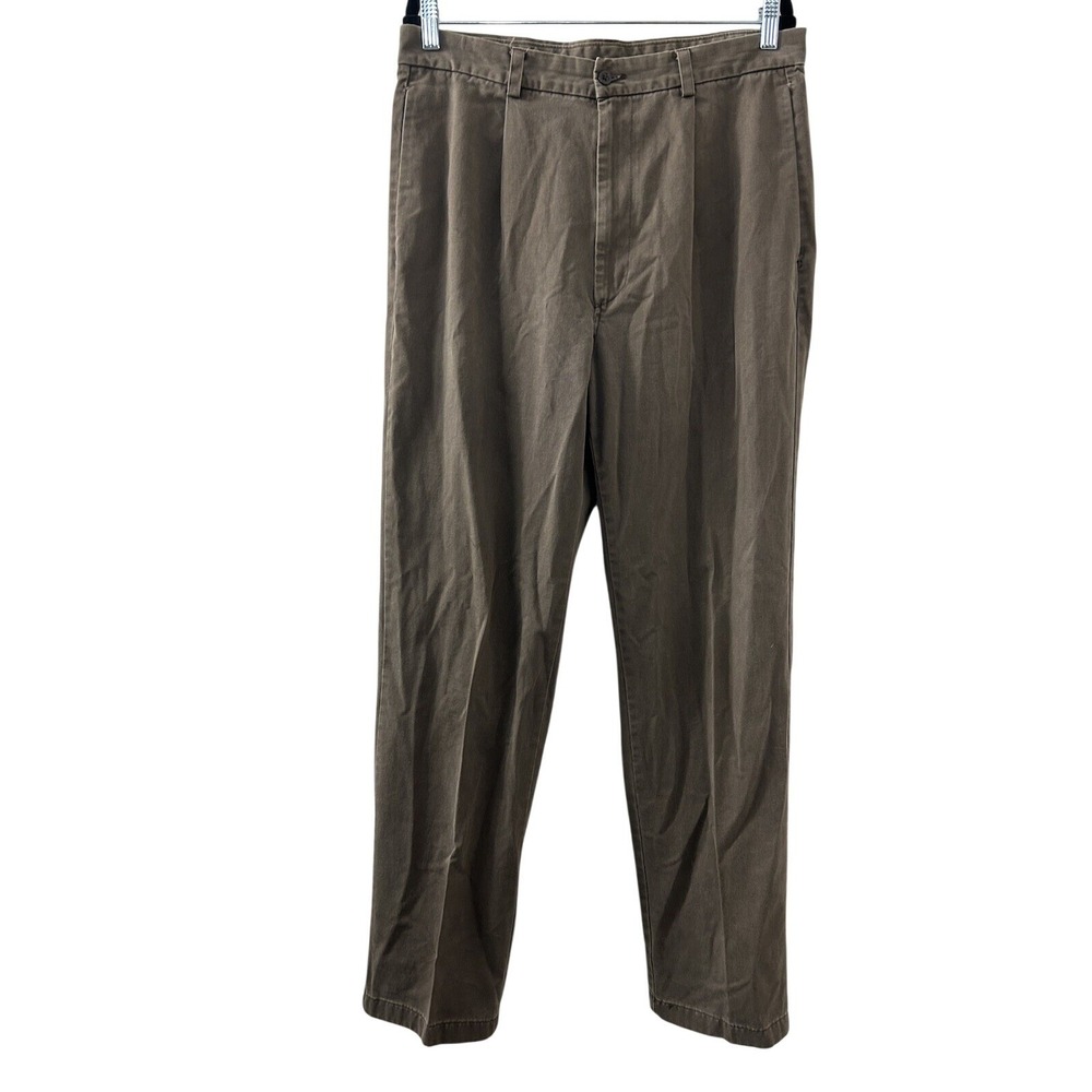 DKNY Cotton Twill Pleated Chino Pants 34x34 Brown Straight Leg Academia 90s Y2K